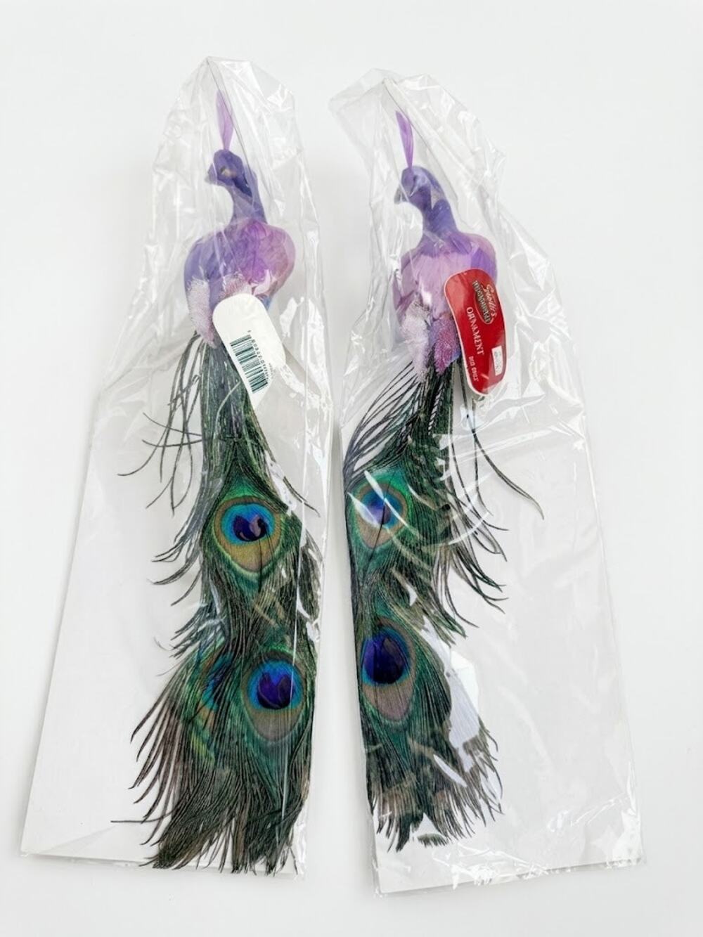 Vintage Santa Workbench Peacock Christmas Ornaments Set of 2 Clip On Tree Decor